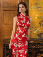 Beth and Brian Qipao-DL Butterfly pattern, Halter floral red long Cheongsam