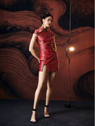 Beth and Brian Qipao - FL High-end, Red Brocade Mini Qipao With Frog Buttons & Contrast Piping