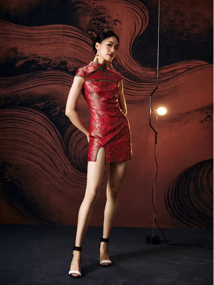 Beth and Brian Qipao - FL High-end, Red Brocade Mini Qipao With Frog Buttons & Contrast Piping