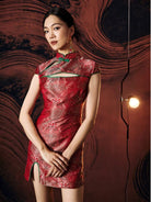Beth and Brian Qipao - FL High-end, Red Brocade Mini Qipao With Frog Buttons & Contrast Piping