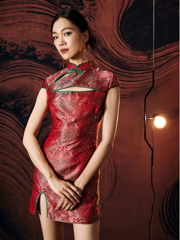 Beth and Brian Qipao - FL High-end, Red Brocade Mini Qipao With Frog Buttons & Contrast Piping