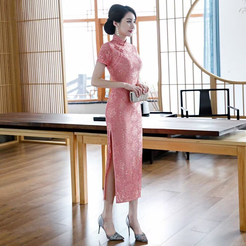 Beth and Brian Qipao-XWC Maple leaf pattern,  lace pink long Cheongsam