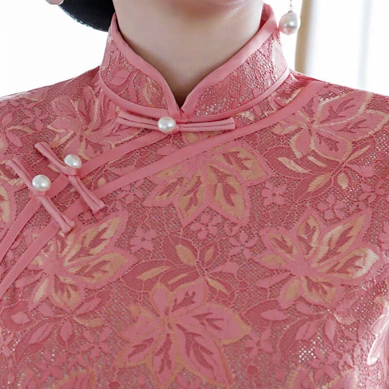 Beth and Brian Qipao-XWC Maple leaf pattern,  lace pink long Cheongsam