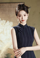 Beth and Brian Qipao-XWC Old Shanghai style, stripe pattern, blue midi Cheongsam