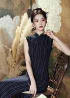 Beth and Brian Qipao-XWC Old Shanghai style, stripe pattern, blue midi Cheongsam