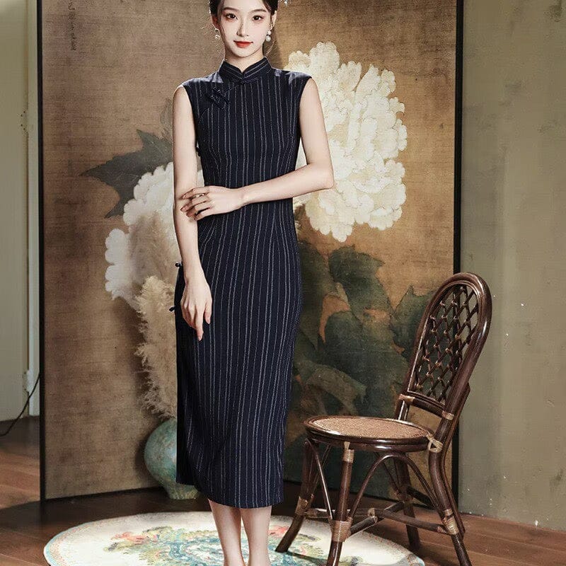 Beth and Brian Qipao-XWC Old Shanghai style, stripe pattern, blue midi Cheongsam