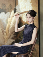 Beth and Brian Qipao-XWC Old Shanghai style, stripe pattern, blue midi Cheongsam