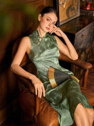 Beth and Brian Qipao-DL New Chinese style (新中式), bamboo leaf pattern, green midi Cheongsam