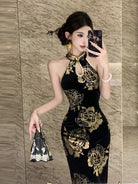Beth and Brian Qipao-YS Gold and black halter long Cheongsam