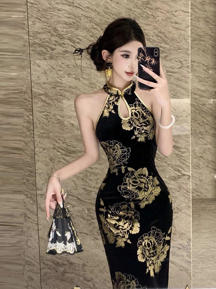 Beth and Brian Qipao-YS Gold and black halter long Cheongsam