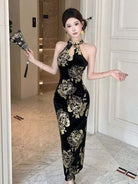 Beth and Brian Qipao-YS Gold and black halter long Cheongsam