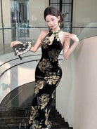 Beth and Brian Qipao-YS Gold and black halter long Cheongsam