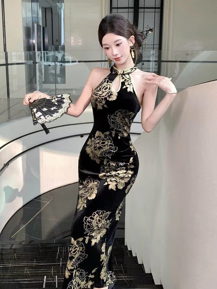 Beth and Brian Qipao-YS Gold and black halter long Cheongsam