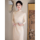 Beth and Brian Qipao-YS Bamboo leaf pattern, velvet red&beige midi Cheongsam