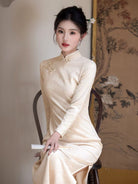 Beth and Brian Qipao-YS Bamboo leaf pattern, velvet red&beige midi Cheongsam