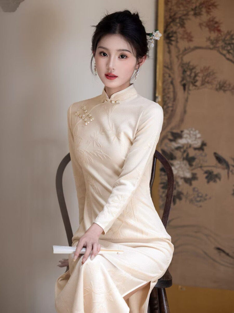 Beth and Brian Qipao-YS Bamboo leaf pattern, velvet red&beige midi Cheongsam