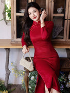 Beth and Brian Qipao-YS Bamboo leaf pattern, velvet red&beige midi Cheongsam