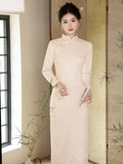 Beth and Brian Qipao-YS Bamboo leaf pattern, velvet red&beige midi Cheongsam