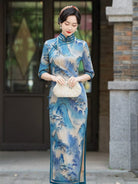Beth and Brian Qipao-HQ Thousand Miles of Mountains and Rivers pattern, plus size blue long Cheongsam