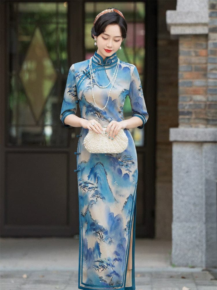 Beth and Brian Qipao-HQ Thousand Miles of Mountains and Rivers pattern, plus size blue long Cheongsam