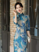 Beth and Brian Qipao-HQ Thousand Miles of Mountains and Rivers pattern, plus size blue long Cheongsam