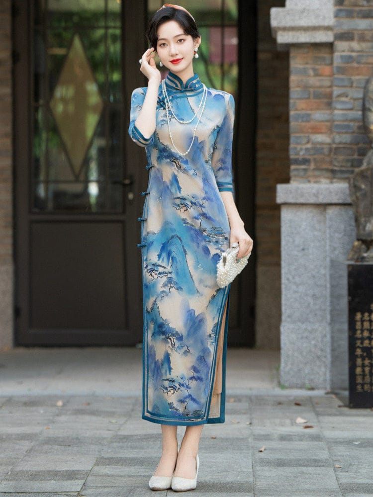 Beth and Brian Qipao-HQ Thousand Miles of Mountains and Rivers pattern, plus size blue long Cheongsam