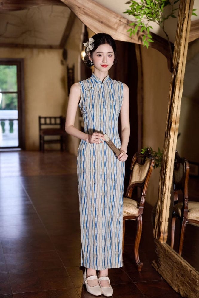 Beth and Brian Qipao-JLM Old Shanghai style, stripe pattern, blue midi Cheongsam