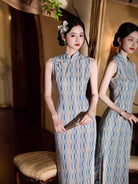 Beth and Brian Qipao-JLM Old Shanghai style, stripe pattern, blue midi Cheongsam