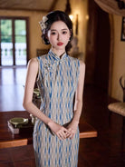 Beth and Brian Qipao-JLM Old Shanghai style, stripe pattern, blue midi Cheongsam