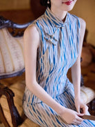 Beth and Brian Qipao-JLM Old Shanghai style, stripe pattern, blue midi Cheongsam