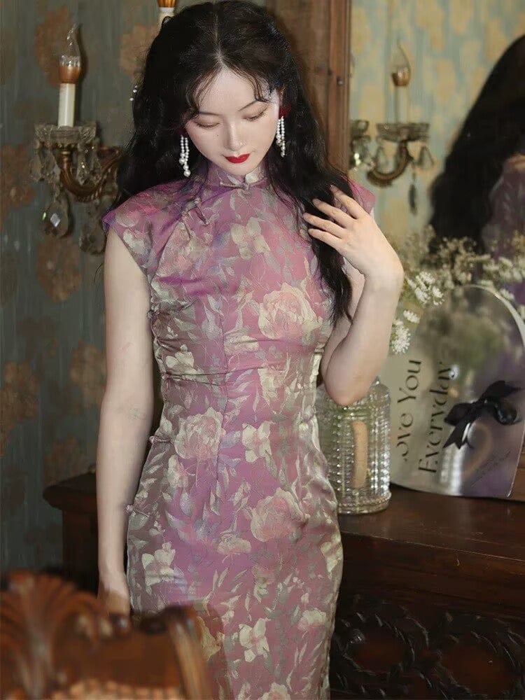Beth and Brian Qipao-TZY Spring collection, Floral pattern, purple long Qipao