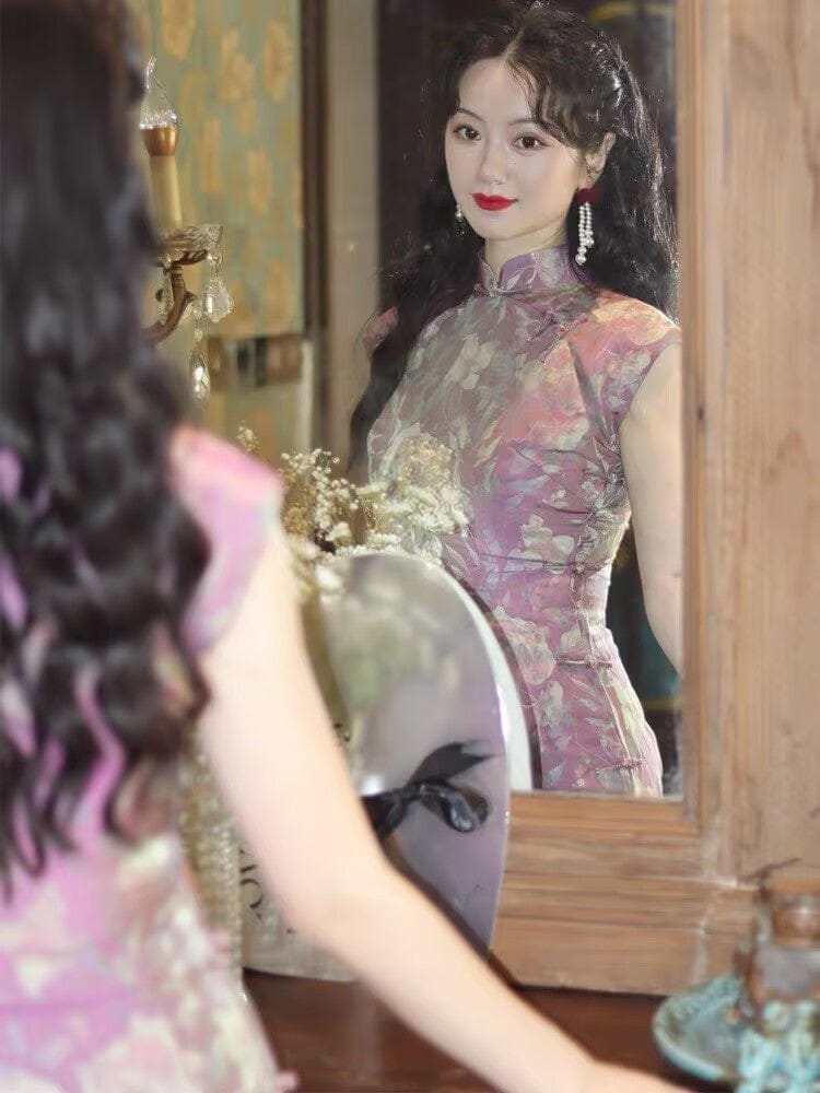 Beth and Brian Qipao-TZY Spring collection, Floral pattern, purple long Qipao