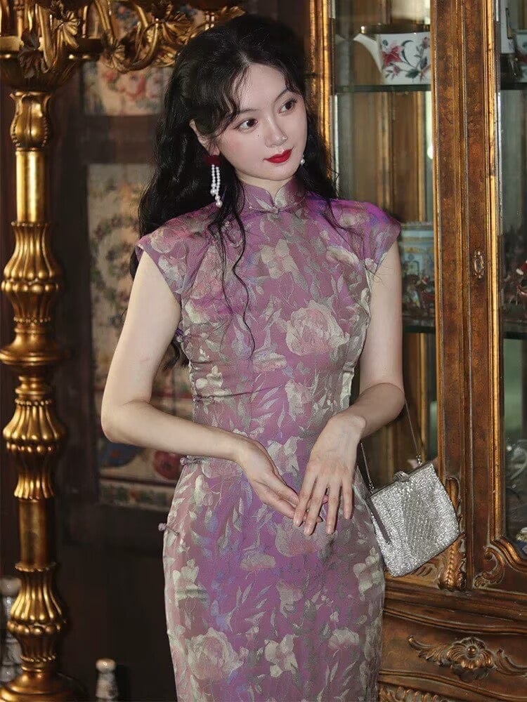 Beth and Brian Qipao-TZY Spring collection, Floral pattern, purple long Qipao