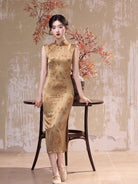 Beth and Brian Qipao-JLM Floral pattern, acetate fabric, gold midi Cheongsam
