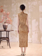Beth and Brian Qipao-JLM Floral pattern, acetate fabric, gold midi Cheongsam