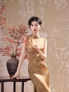 Beth and Brian Qipao-JLM Floral pattern, acetate fabric, gold midi Cheongsam