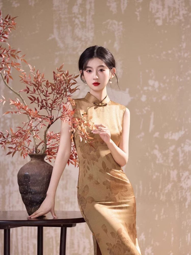 Beth and Brian Qipao-JLM Floral pattern, acetate fabric, gold midi Cheongsam