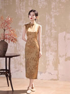Beth and Brian Qipao-JLM Floral pattern, acetate fabric, gold midi Cheongsam