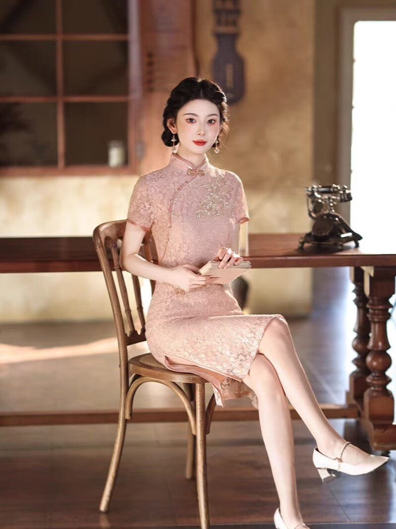 Beth and Brian Qipao-JLM Floral pattern, lace mid-length Cheongsam
