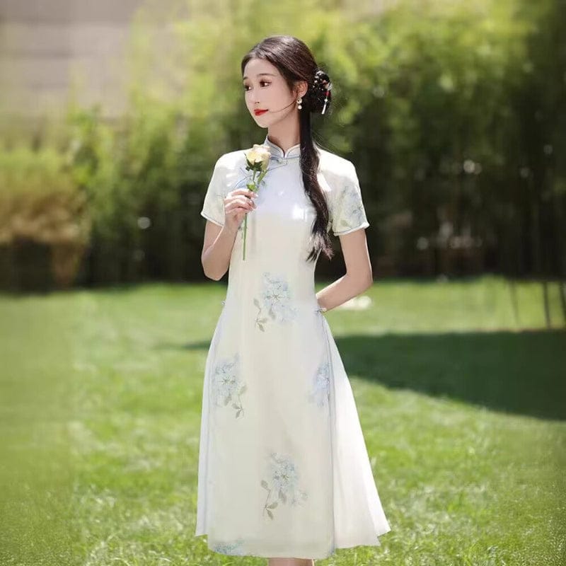 Beth and Brian Qipao-WQ Parent-child outfit, A line, floral pattern midi Ao dai