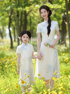 Beth and Brian Qipao-WQ Parent-child outfit, A line, floral pattern midi Ao dai