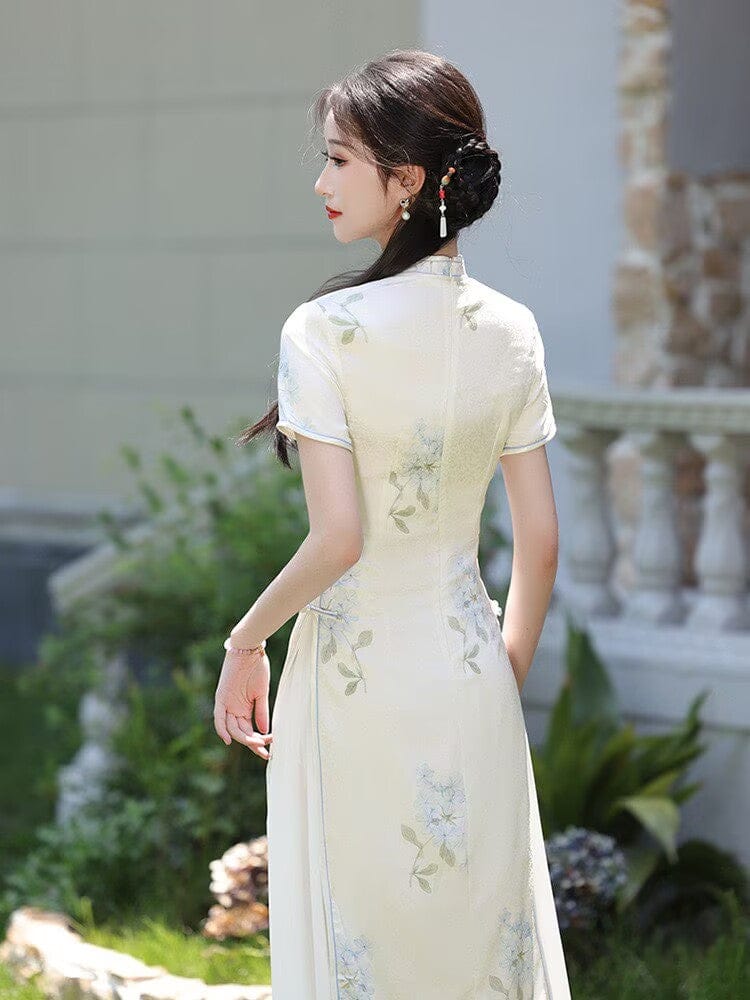 Beth and Brian Qipao-WQ Parent-child outfit, A line, floral pattern midi Ao dai