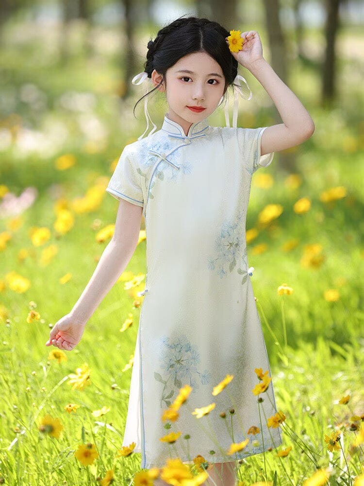 Beth and Brian Qipao-WQ Parent-child outfit, A line, floral pattern midi Ao dai