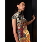 Beth and Brian Qipao - FL High-end, Crane embroidery, brocade mini Qipao with cap sleeves