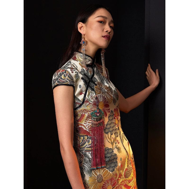 Beth and Brian Qipao - FL High-end, Crane embroidery, brocade mini Qipao with cap sleeves