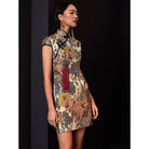 Beth and Brian Qipao - FL High-end, Crane embroidery, brocade mini Qipao with cap sleeves