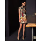 Beth and Brian Qipao - FL High-end, Crane embroidery, brocade mini Qipao with cap sleeves