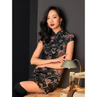Beth and Brian Qipao - FL Black brocade mini Qipao with cap sleeves