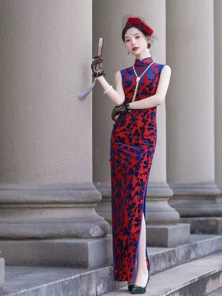 Beth and Brian Qipao-JY Sleeveless, Plus size, velvet red long Cheongsam