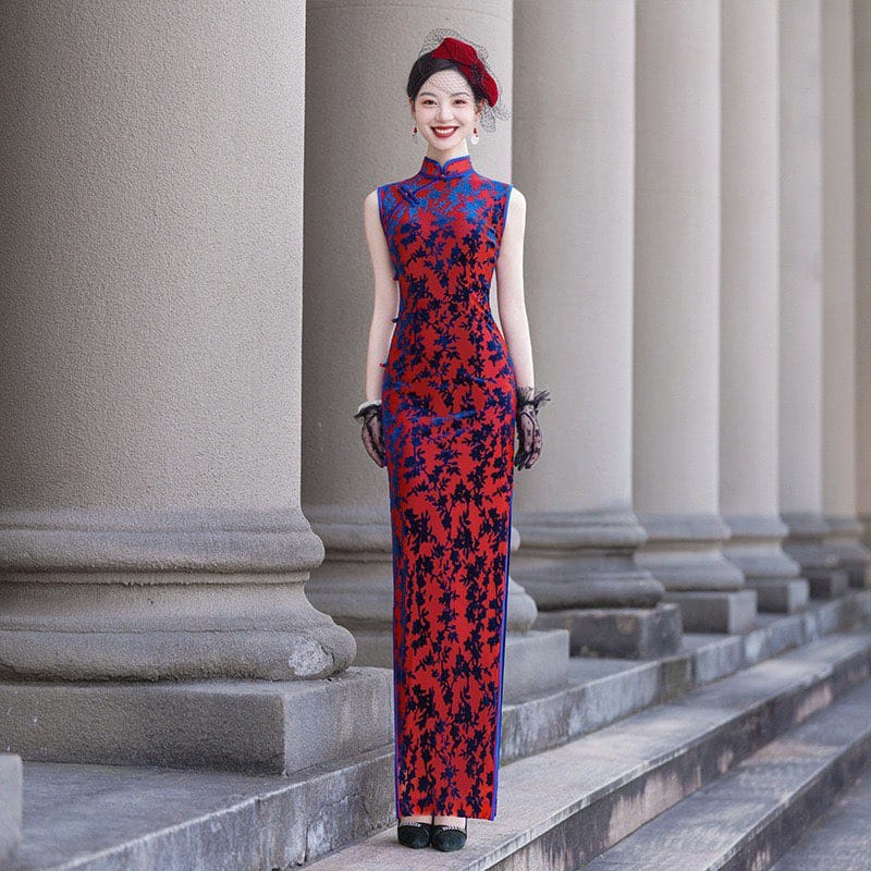 Beth and Brian Qipao-JY Sleeveless, Plus size, velvet red long Cheongsam